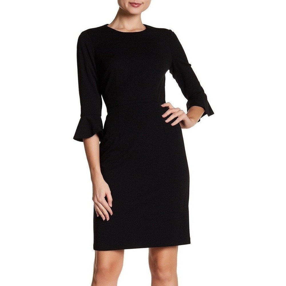Donna Morgan Sheath Dress Women 4 Black Ruffle Cuff Mini LBD Career Classic